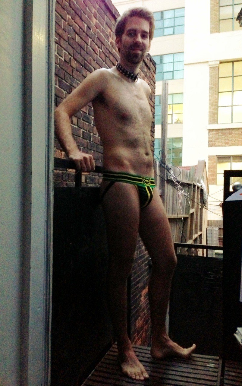 Photo by pup4play with the username @pup4play, who is a verified user,  September 12, 2013 at 12:30 PM and the text says '@gregnaked on the fire escape #nastypig #jockstrap #collar #gregnaked'