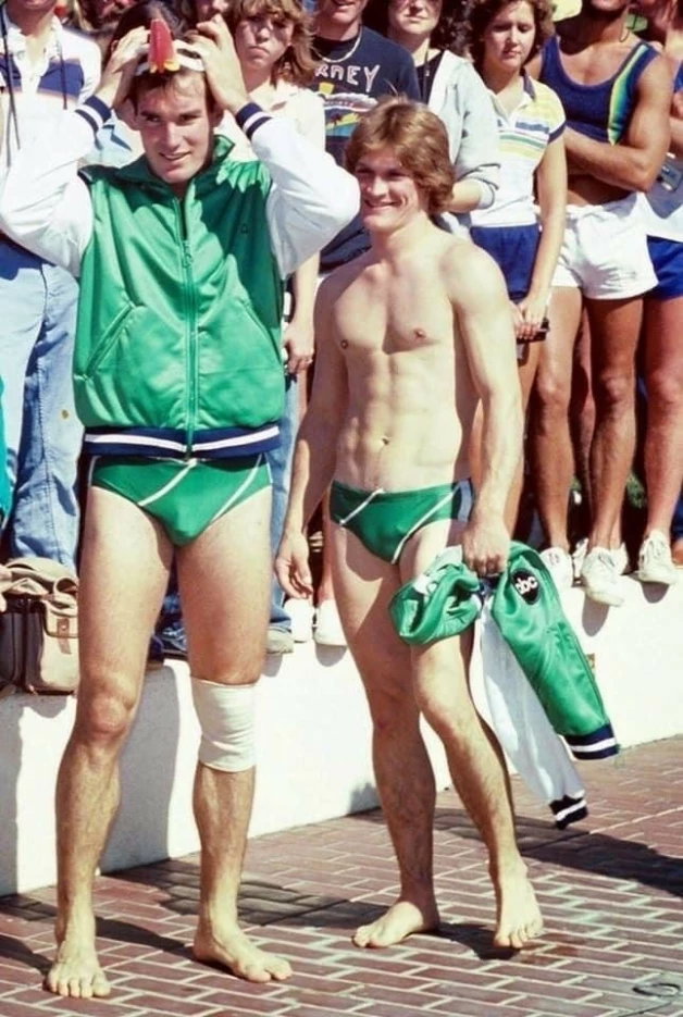 Photo by Riley Morgan with the username @MyObsessiveOutlet,  April 14, 2024 at 5:02 PM. The post is about the topic Gay Speedos and the text says 'Sam Jones and Andrew Stevens in Battle of the Network Stars 1981'