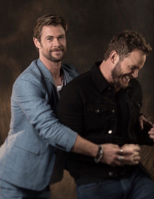 Photo by GoMakeIt with the username @GoMakeIt,  December 21, 2018 at 8:56 PM and the text says 'Gulp.  #chris  #hemsworth  #chris  #pratt  #bromance  #Muscle  #Daddy'