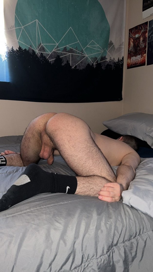 Photo by Nickplus33 with the username @Nickplus33, who is a verified user,  April 28, 2024 at 3:01 AM and the text says '#allfours #balls #lowhangers #uncut  #hairyhole #trimmed  #buttspread'