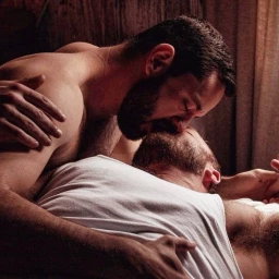 Photo by Nickplus33 with the username @Nickplus33, who is a verified user,  May 2, 2024 at 3:10 AM and the text says '#bromance #dilf #beard #kissing'