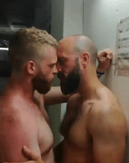 Photo by Nickplus33 with the username @Nickplus33, who is a verified user,  June 18, 2024 at 1:38 AM and the text says '#bromance #kissing #gif #dilf #beard #hairychest'