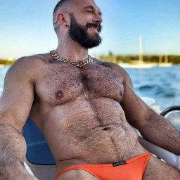 Photo by Nickplus33 with the username @Nickplus33, who is a verified user,  April 26, 2024 at 1:53 AM and the text says '#chain #beard #hairy #beefy #bulge #muscled #daddy #dilf #outdoors'