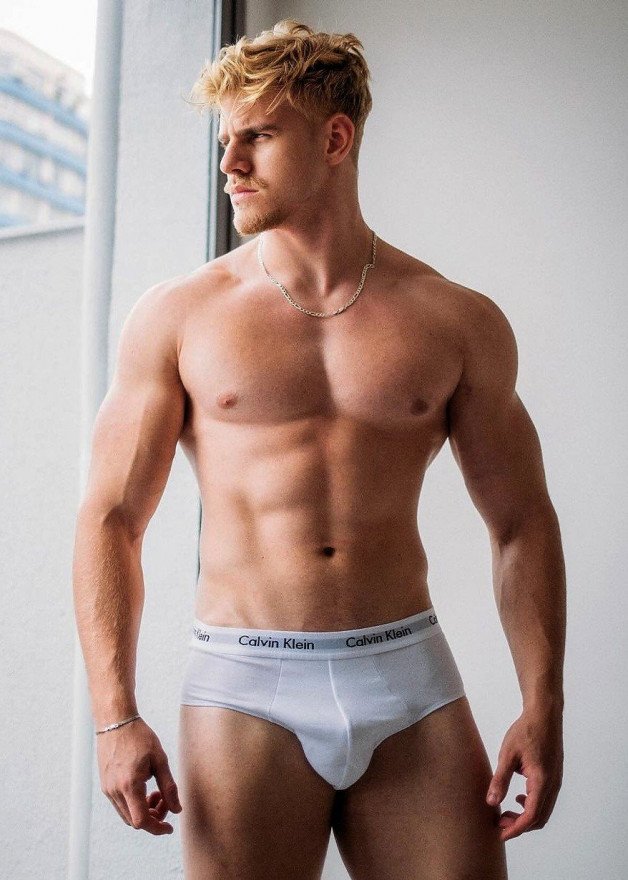 Photo by Nickplus33 with the username @Nickplus33, who is a verified user,  May 20, 2024 at 3:22 AM and the text says '#chain #muscled #blondes #trimmed  #briefs #bulge #otter'
