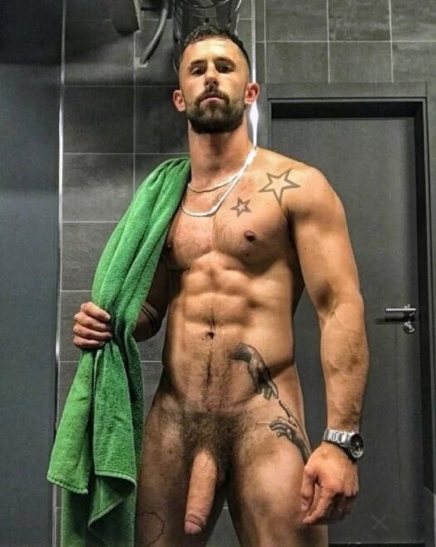 Photo by Nickplus33 with the username @Nickplus33, who is a verified user,  April 9, 2024 at 1:33 AM and the text says '#muscled #youngdilf #dilf #chain #hung #massivecock #thickbush #bush #shower #uncut  #thickdick #longdick'