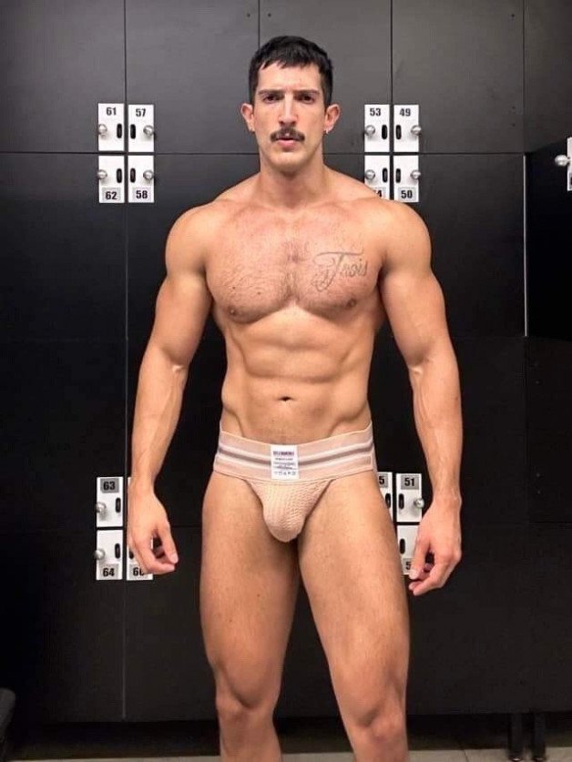 Photo by Nickplus33 with the username @Nickplus33, who is a verified user,  March 14, 2024 at 2:48 AM and the text says '#muscled #lockerroom #stache #youngdilf #jockstrap #bulge'