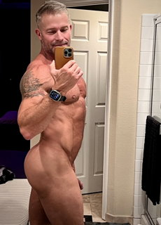 Photo by Nickplus33 with the username @Nickplus33, who is a verified user,  June 18, 2024 at 1:38 AM and the text says '#selfie #dilf #muscled #ink #scruff  #silverfox #hung'