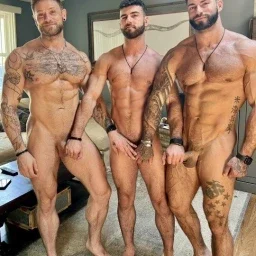 Photo by Nickplus33 with the username @Nickplus33, who is a verified user,  May 10, 2024 at 3:55 AM and the text says '#threesome #muscled #dilf #chain #ink  #trimmed  #hairychest #hairy #beard'