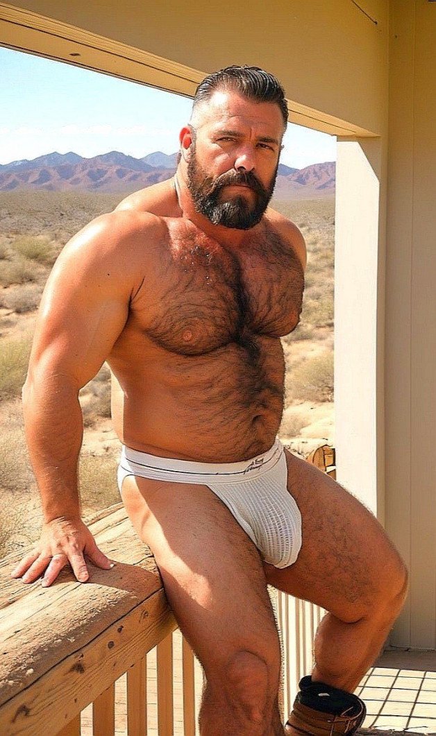 Photo by Nickplus33 with the username @Nickplus33, who is a verified user,  May 26, 2024 at 3:41 AM and the text says '#beefy #hairy #bear #daddy #bulge #jockstrap #outdoors #beard'