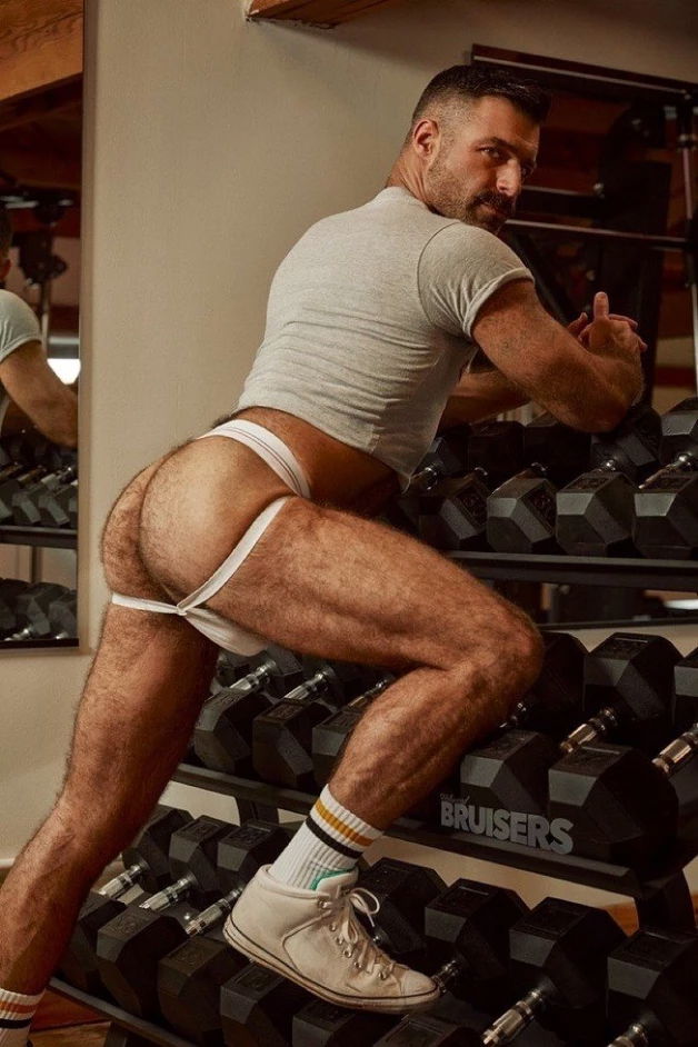 Photo by Nickplus33 with the username @Nickplus33, who is a verified user,  May 14, 2024 at 3:00 AM and the text says '#jockstrap #dilf #scruff  #stache #butt #hairy'