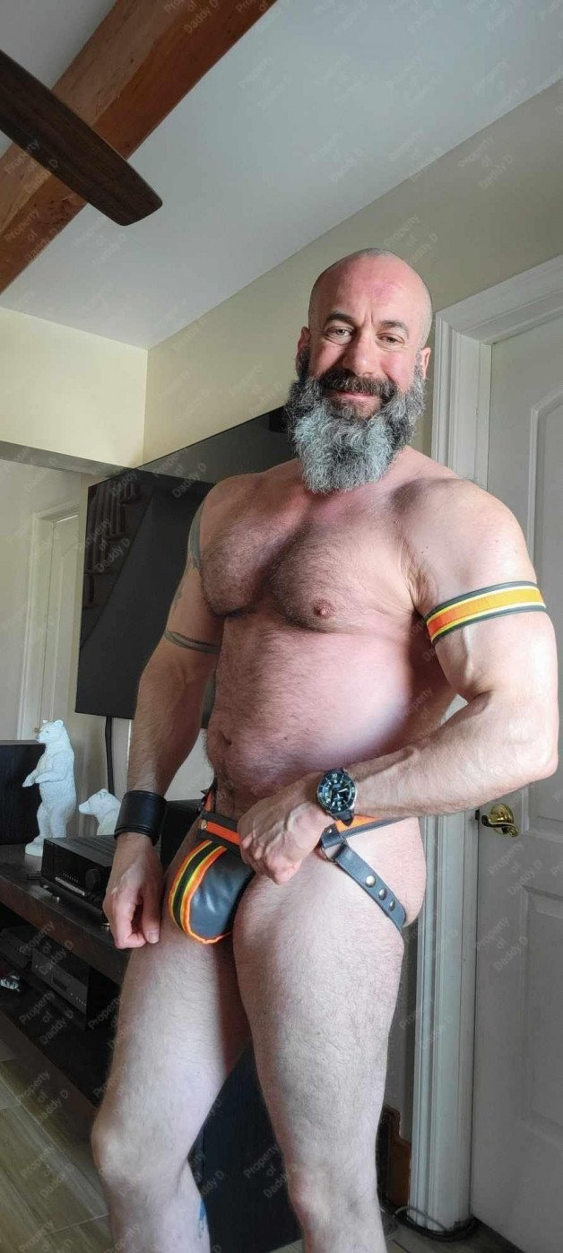 Photo by Nickplus33 with the username @Nickplus33, who is a verified user,  May 19, 2024 at 3:00 AM and the text says '#leather #daddy #bald #beefy #hairy #bulge #beard #jockstrap'