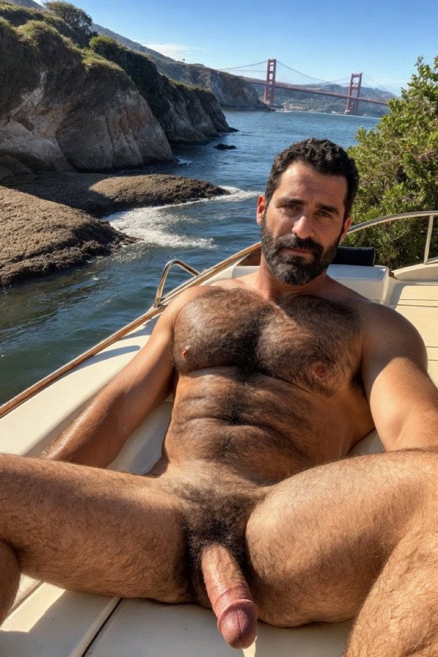 Photo by Nickplus33 with the username @Nickplus33, who is a verified user,  July 1, 2024 at 1:58 AM and the text says '#daddy #outdoors #hairy #beard #beefy #hung #massivecock #monstercock #thickbush #bush #manspread'