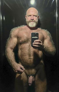 Photo by Nickplus33 with the username @Nickplus33, who is a verified user,  March 2, 2024 at 5:17 AM and the text says '#selfie #bear #beard #hairy #beefy #thickdick #cockring #bald #daddy'