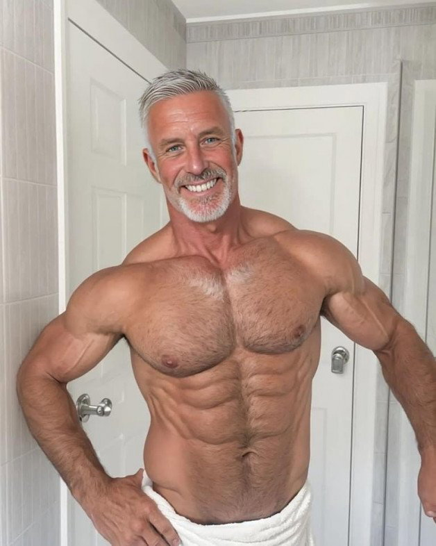 Photo by Nickplus33 with the username @Nickplus33, who is a verified user,  May 18, 2024 at 4:17 AM and the text says '#AI #muscled #daddy #hairy #trimmed  #beard'