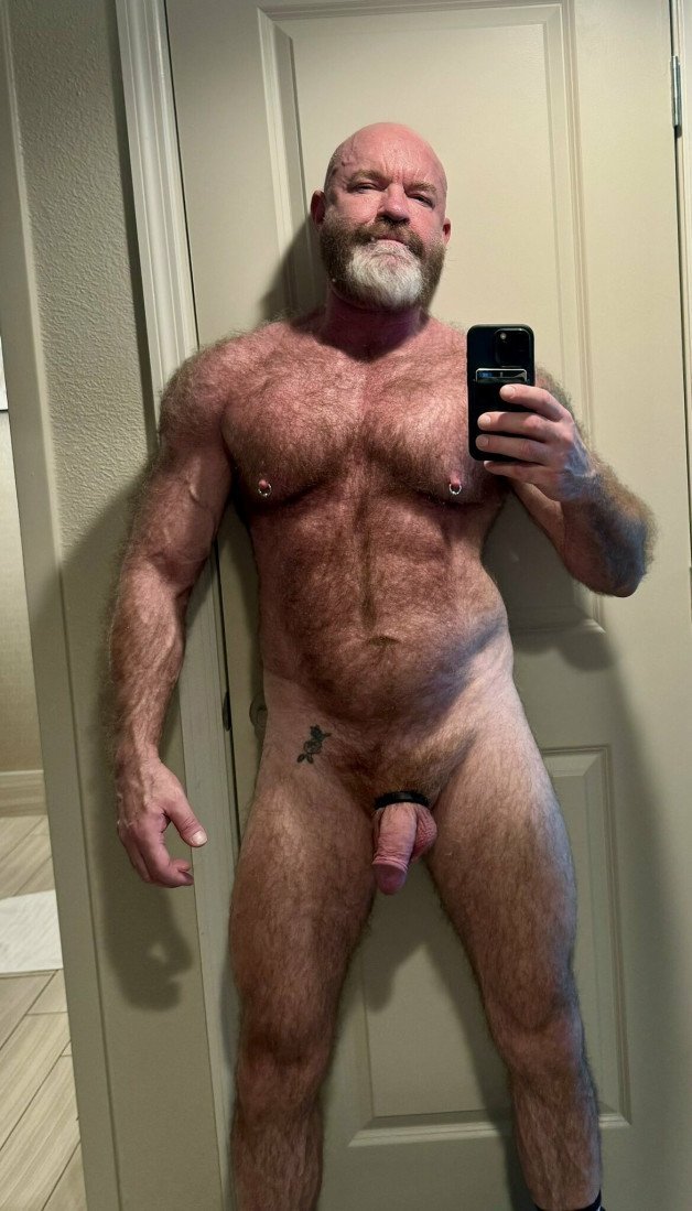 Photo by Nickplus33 with the username @Nickplus33, who is a verified user,  March 3, 2024 at 5:51 AM and the text says '#daddy #bear #beard #hairy #toned #cockring #bush #selfie  #bald'