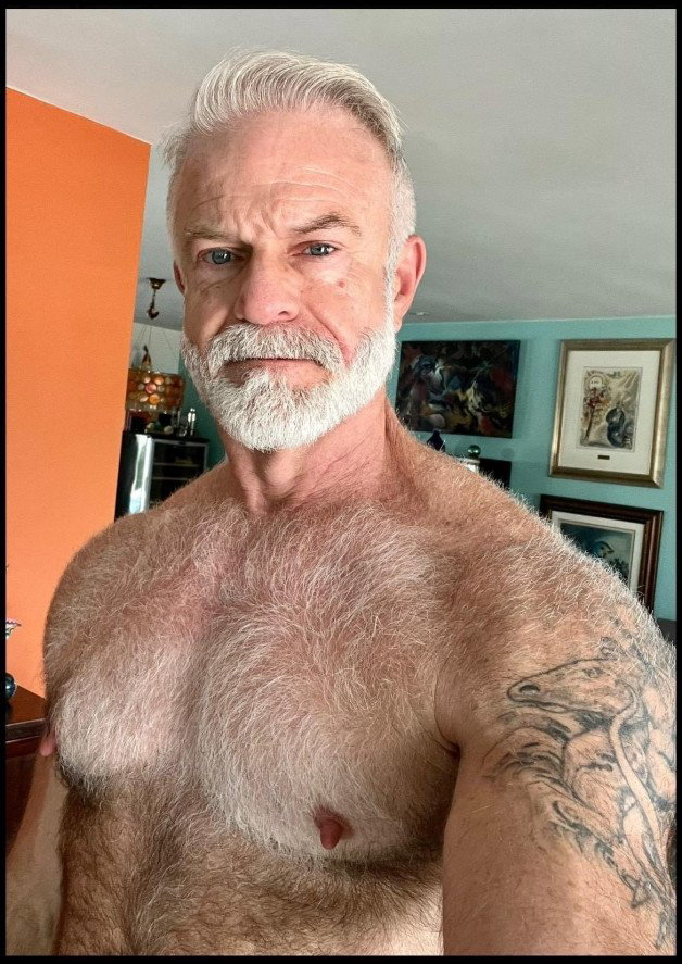 Photo by Nickplus33 with the username @Nickplus33, who is a verified user,  December 14, 2023 at 7:04 AM and the text says '#grandaddy #hairy #beard #ink #bush #hung #daddy'