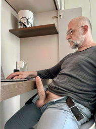 Photo by Nickplus33 with the username @Nickplus33, who is a verified user,  September 27, 2023 at 1:46 AM and the text says '#bald #homeoffice #specs #daddy #reveal #balls #thickdick #balls #hung'