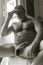 Photo by Nickplus33 with the username @Nickplus33, who is a verified user,  May 22, 2024 at 1:40 AM and the text says '#blackandwhite #caps #daddy #granddaddy #hairy #beard #manspread  #massivecock #veiny #balls #cockring #band #DL #monstercock'
