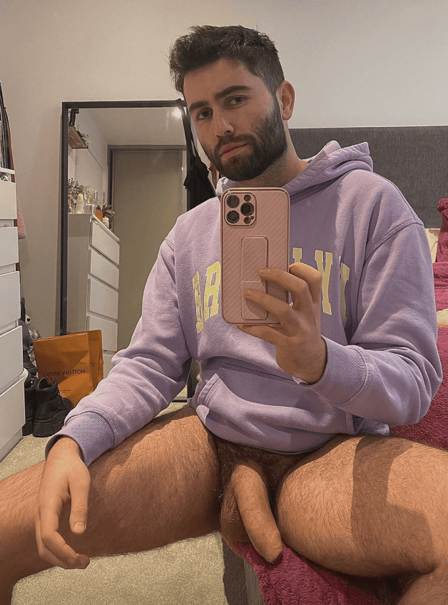 Photo by Nickplus33 with the username @Nickplus33, who is a verified user,  January 31, 2024 at 4:05 AM and the text says '#manspread #beard #hung #selfies #hoodie #uncut #lowhangers #otter'