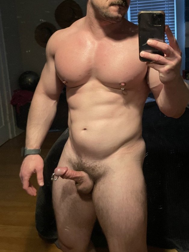 Photo by Nickplus33 with the username @Nickplus33, who is a verified user,  March 6, 2024 at 3:49 AM and the text says '#stache #smooth #selfie #hung #PA #bush #muscled #dimple #youngdilf'