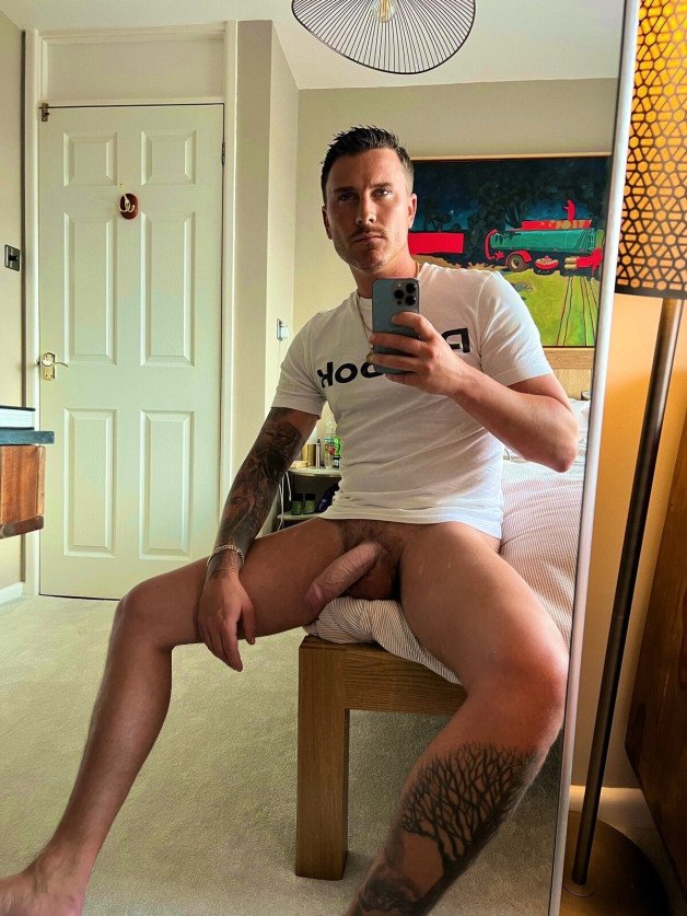 Photo by Nickplus33 with the username @Nickplus33, who is a verified user,  June 9, 2024 at 2:51 AM and the text says '#selfie #hung #uncut  #stache #chain #thickdick #trimmed  #otter  #manspread'