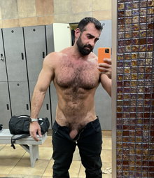 Photo by Nickplus33 with the username @Nickplus33, who is a verified user,  May 21, 2024 at 2:11 AM and the text says '#lockerroom #dilf #daddy #beard #hairy #toned #hung #thickdick #trimmed  #selfie'