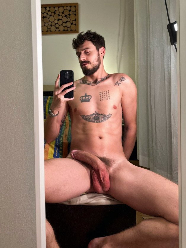 Photo by Nickplus33 with the username @Nickplus33, who is a verified user,  April 29, 2024 at 2:49 AM and the text says '#selfie #manspread  #otter  #smooth #ink #hung #longdick #massivecock #balls #schlong  #trimmed'