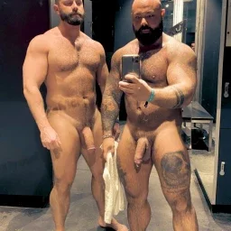 Photo by Nickplus33 with the username @Nickplus33, who is a verified user,  March 22, 2024 at 2:57 AM and the text says '#selfie #beefy #toned #hairy #hung #massivecock #thickdick #bald #lockerroom #PA #dilf'