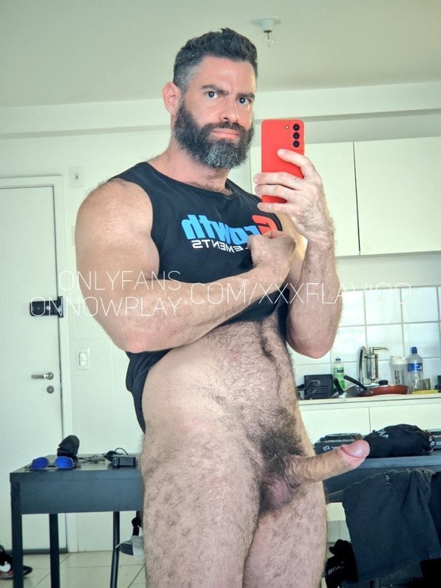 Photo by Nickplus33 with the username @Nickplus33, who is a verified user,  April 29, 2024 at 2:47 AM and the text says '#selfie #beard #hairy #bear #dilf #hung #thickdick #curved #bush #balls'