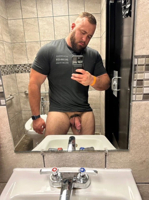 Photo by Nickplus33 with the username @Nickplus33, who is a verified user,  March 28, 2024 at 2:59 AM and the text says '#thickdick #PA #cockring #beefy #beard #bear #selfie'