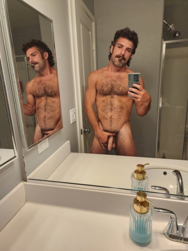 Photo by Nickplus33 with the username @Nickplus33, who is a verified user,  September 10, 2023 at 3:34 AM and the text says '#selfies #hairy #stache #420 #toned #dilf #bush'