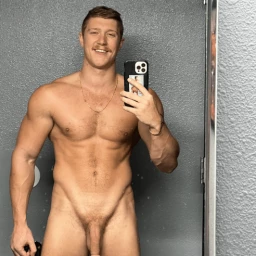 Photo by Nickplus33 with the username @Nickplus33, who is a verified user,  May 1, 2024 at 3:55 AM and the text says '#selfie #youngdilf #toned #hung #longdick #stache #muscled #trimmed'