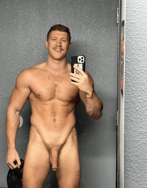 Photo by Nickplus33 with the username @Nickplus33, who is a verified user,  May 1, 2024 at 3:55 AM and the text says '#selfie #youngdilf #toned #hung #longdick #stache #muscled #trimmed'