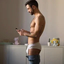 Photo by Nickplus33 with the username @Nickplus33, who is a verified user,  May 9, 2024 at 2:45 AM and the text says '#otter  #tightywhities #beard #youngdilf #bush #toned #hairychest  #briefs'