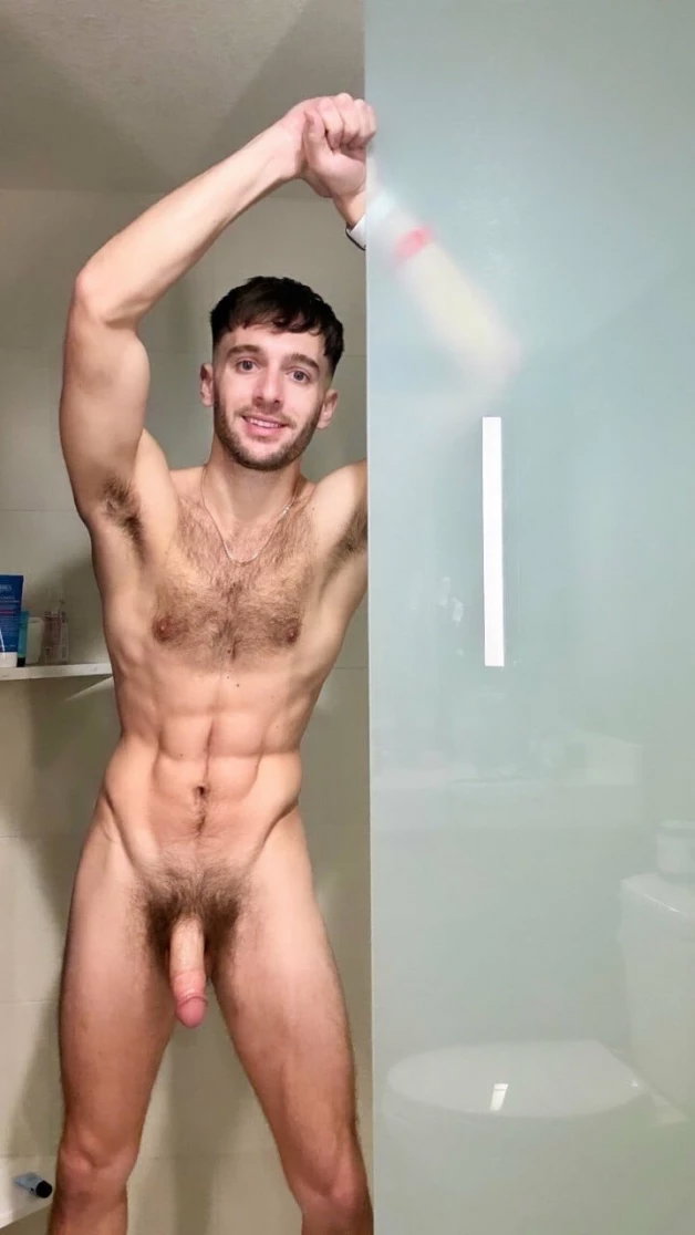 Photo by Nickplus33 with the username @Nickplus33, who is a verified user,  April 9, 2024 at 1:27 AM and the text says '#otter  #shower #hairy #hairychest #hung #bush #longdick'