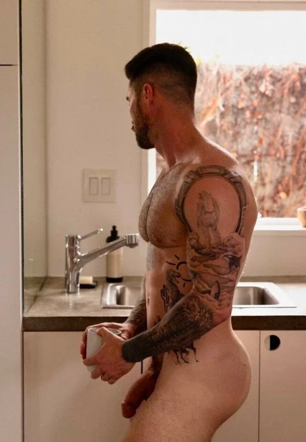 Photo by Nickplus33 with the username @Nickplus33, who is a verified user,  March 31, 2024 at 4:35 AM and the text says '#muscled #hung #massivecock #ink #beard #otter  #hairychest #trimmed  #ink #thickdick #fatcock'