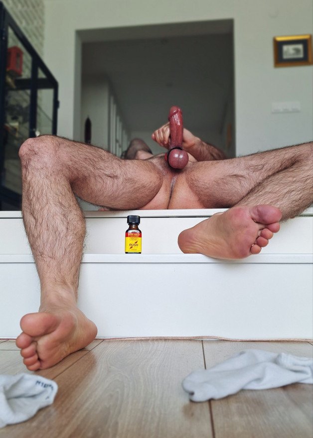 Photo by Nickplus33 with the username @Nickplus33, who is a verified user,  June 29, 2024 at 2:16 AM and the text says '#poppers #bator #manspread  #balls #spear #cockring'