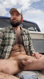 Photo by Nickplus33 with the username @Nickplus33, who is a verified user,  May 27, 2024 at 2:43 AM and the text says '#caps  #hairy #hung #curved #beard #manspread  #redneck #hairychest #outdoors #dilf'