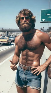 Photo by Nickplus33 with the username @Nickplus33, who is a verified user,  June 19, 2024 at 1:48 AM and the text says '#vintage #outdoors #shades #dilf #beard #toned #hairychest'