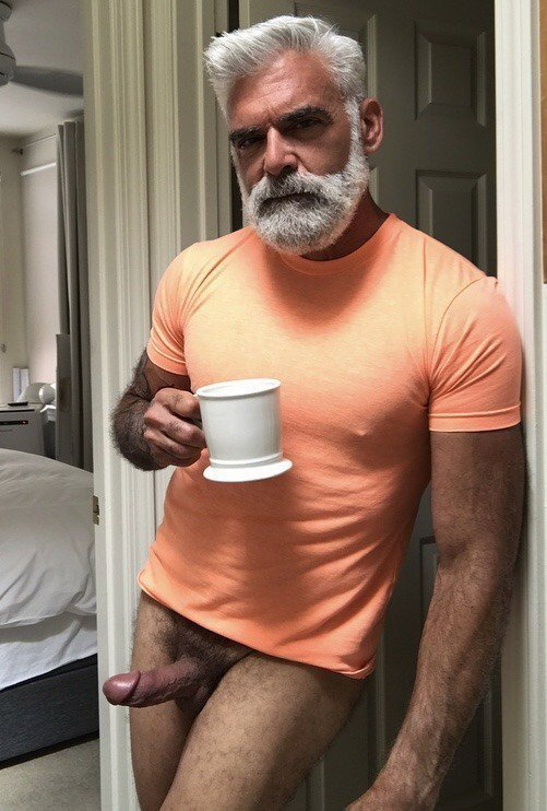 Photo by Nickplus33 with the username @Nickplus33, who is a verified user,  March 2, 2024 at 4:56 AM and the text says '#coffee #granddaddy #daddy #beard #toned #hung #spear'