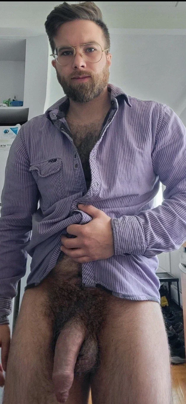 Photo by Nickplus33 with the username @Nickplus33, who is a verified user,  May 12, 2024 at 3:55 AM and the text says '#bear #beefy #hairy #youngdilf #beard #specs #hung #massivecock #uncut  #thickbush'