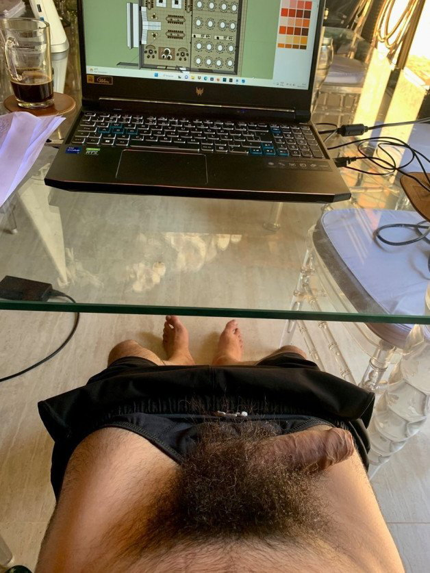 Photo by Nickplus33 with the username @Nickplus33, who is a verified user,  March 3, 2024 at 5:33 AM and the text says '#thickbush #homeoffice #longdick #uncut  #bush'
