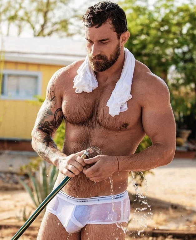 Photo by Nickplus33 with the username @Nickplus33, who is a verified user,  March 24, 2024 at 3:47 AM and the text says '#dilf #beard  #toned #hairy #ink #outdoors #briefs #tightywhities'