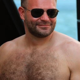 Photo by Nickplus33 with the username @Nickplus33, who is a verified user,  May 13, 2024 at 5:05 AM and the text says '#shades #dilf #daddy #hairychest #beefy #scruff'