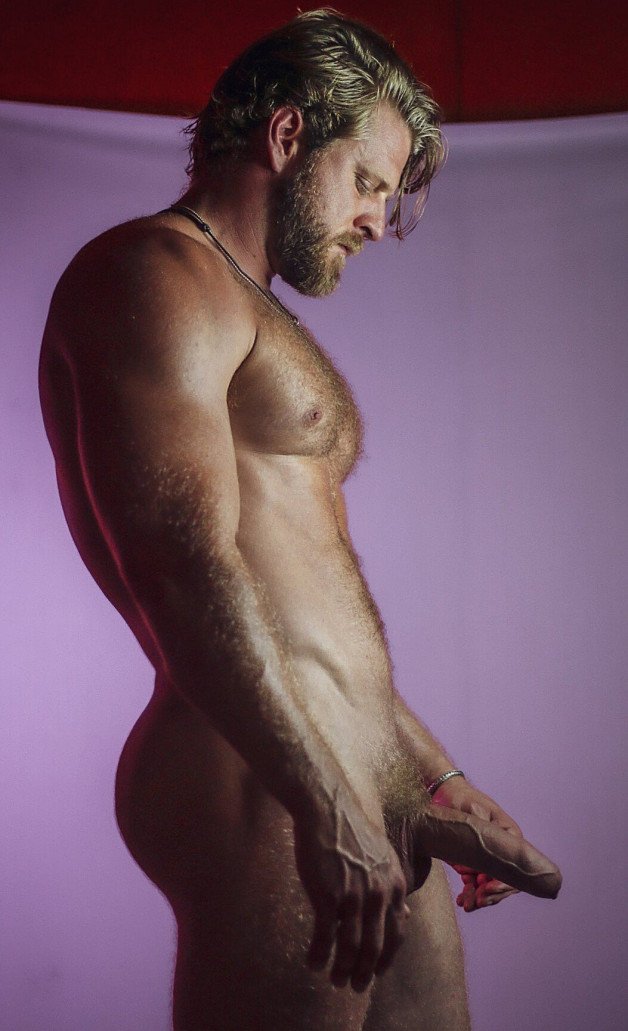 Photo by Nickplus33 with the username @Nickplus33, who is a verified user,  March 15, 2024 at 2:49 AM and the text says '#loganstevens #obsession #dilf #hairy #beard #hung #blondes #bush #uncut  #thickdick #chain'