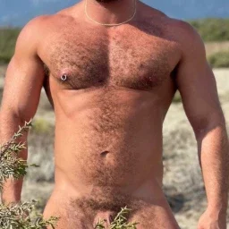 Photo by Nickplus33 with the username @Nickplus33, who is a verified user,  April 14, 2024 at 4:06 AM and the text says '#bald #beard #hairychest #hairy #chain #dilf #hung #thickdick #trimmed  #outdoors'