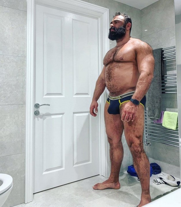 Photo by Nickplus33 with the username @Nickplus33, who is a verified user,  June 8, 2024 at 2:47 AM and the text says '#beefy #hairy #daddy #bear #briefs #beard'