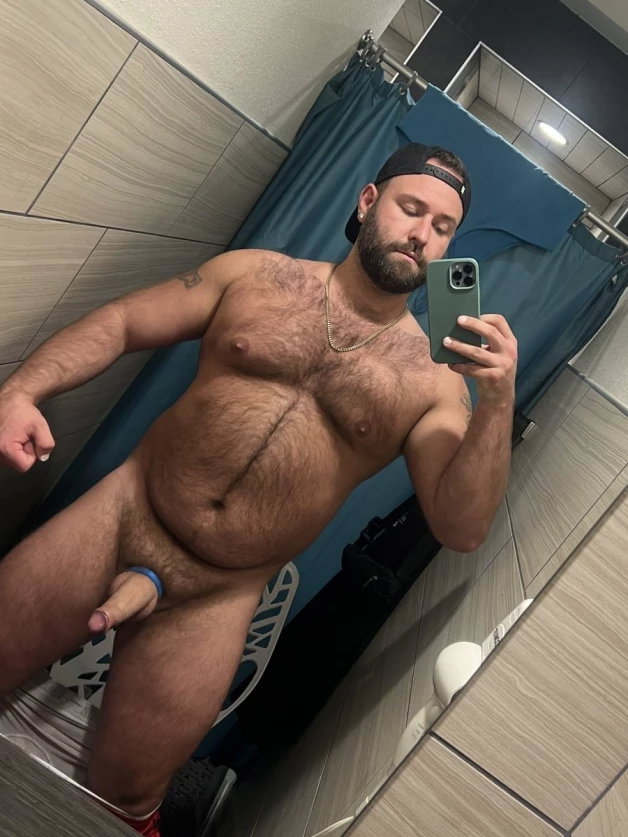 Photo by Nickplus33 with the username @Nickplus33, who is a verified user,  March 27, 2024 at 3:03 AM and the text says '#bear #beard #beefy #hairy #cockring #thickdick #chain #caps #bush #beercandick #youngdilf'
