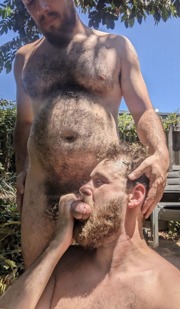 Photo by Nickplus33 with the username @Nickplus33, who is a verified user,  July 5, 2024 at 1:05 AM and the text says '#beard #cocksucking #outdoors #outdoorcruising #bear #hairy #thickdick #hung #dilf'