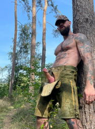 Photo by Nickplus33 with the username @Nickplus33, who is a verified user,  May 17, 2024 at 2:53 AM and the text says '#ink #beard #caps #dilf #outdoors #outdoorcruising #hung #thickdick #longdick #spear #uncut  #hairychest #hairy'